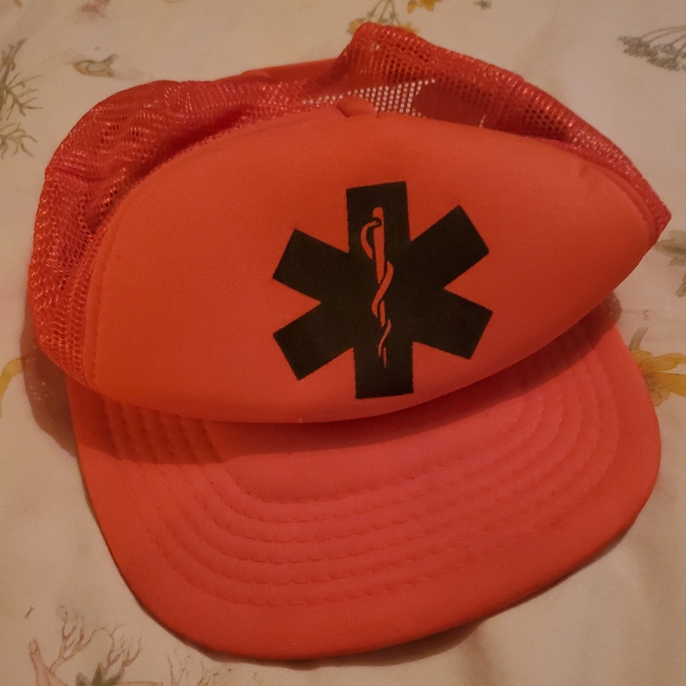 Vintage EMS Star Of Life Truckers Baseball Hat Orange Snap Back